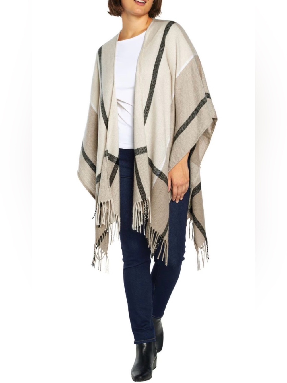 Three Dots 5% cashmere poncho topper fringe stripes quiet luxury cottagecore OS